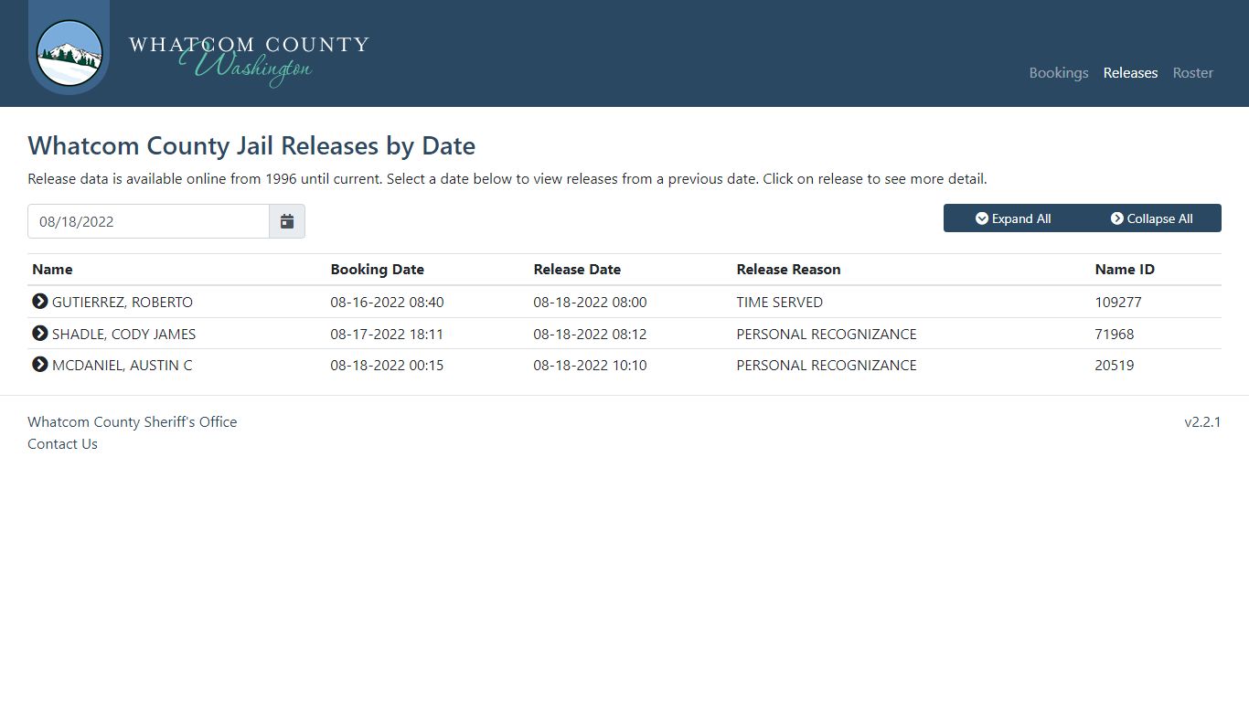 Whatcom County Sheriff's Office | Jail Releases